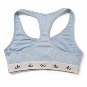 ALO Yoga Light Blue Ribbed Racerback Sports Bra with Cream Logo Band